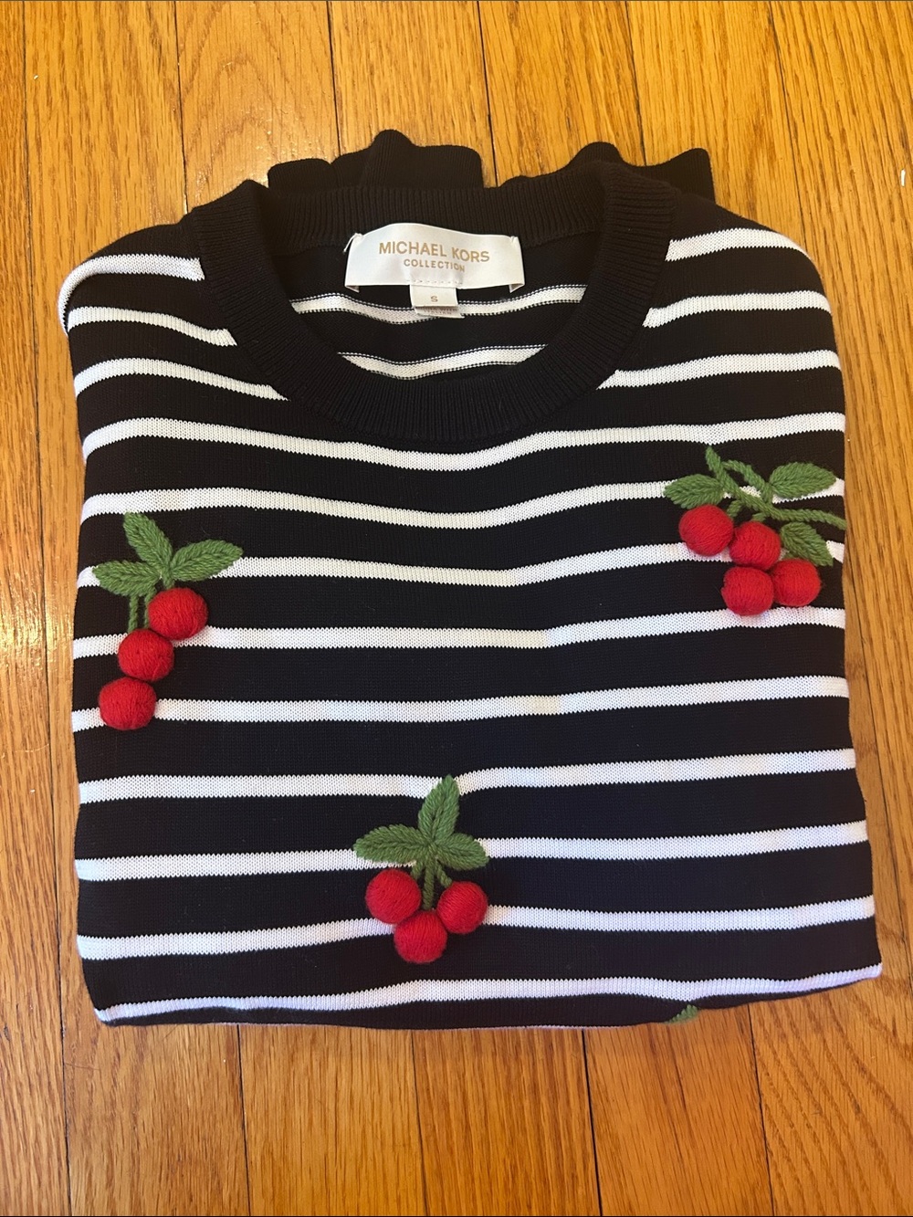 Michael Kors Black & White Striped Sweater with Red Cherry Detail